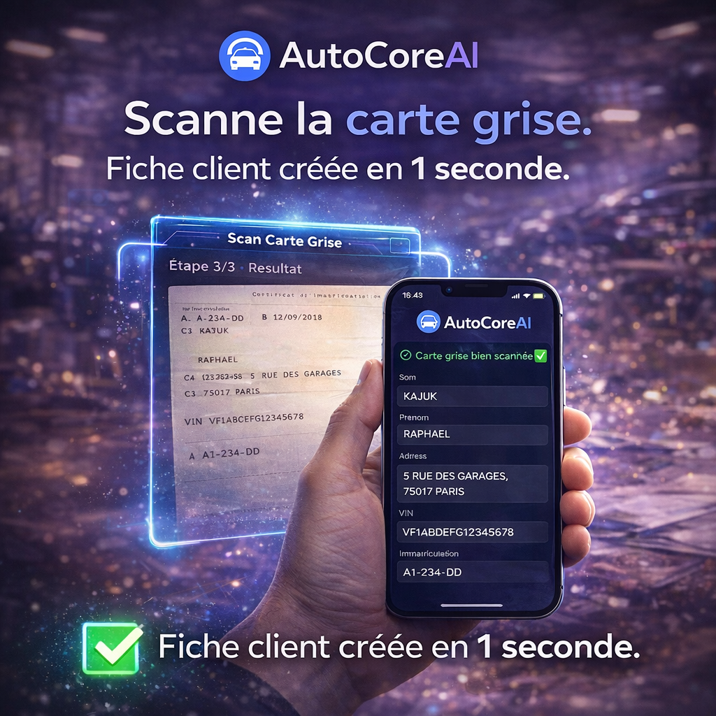 Scan carte grise AutoCoreAI pour créer un contact en atelier